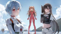 3girls arm_under_breasts ascot ayanami_rei black_jacket blue_eyes blue_hair blue_sky bodysuit breasts brown_eyes brown_hair closed_mouth cloud crop_top cropped_jacket crossed_bangs day drone ekina_(1217) gloves goddess_of_victory:_nikke hair_between_eyes hairpods highres holding holding_tablet_pc interface_headset jacket large_breasts light_blush long_hair long_sleeves looking_at_viewer marciana_(nikke) medium_breasts midriff military_uniform mountain multiple_girls navel navel_piercing neon_genesis_evangelion ocean outdoors pants piercing pilot_suit plugsuit port red_bodysuit red_eyes ship short_hair skin_tight sky souryuu_asuka_langley standing stomach tablet_pc two_side_up uniform v-shaped_eyebrows very_long_hair water watercraft white_ascot white_bodysuit white_gloves white_pants