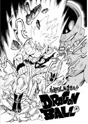 Rule 34 | 2boys, abs, angry, aura, clenched hands, clenched teeth, copyright name, dirty, dragon ball, dragonball z, fighting stance, frieza, greyscale, male focus, manly, monochrome, multiple boys, murata yuusuke, muscular, rock, serious, son goku, super saiyan, super saiyan 1, sweat, teeth, torn clothes, translation request, wristband