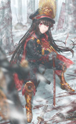 Rule 34 | 1girl, black hair, black hat, black jacket, black pants, blood, blood on clothes, blood on face, blood splatter, bloody weapon, cape, corpse, crest, family crest, fate/grand order, fate (series), forest, gloves, hat, highres, jacket, katana, long hair, long sleeves, nature, oda nobunaga (fate), oda nobunaga (koha-ace), oda uri, pants, peaked cap, red cape, red eyes, sitting, snow, solo, sterben, sword, tree, weapon, white gloves
