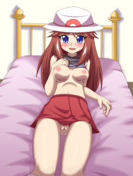 Rule 34 | 1girl, alternate costume, anus, bed, blue eyes, blue theme, blush, breasts, brown hair, clothes lift, creatures (company), female focus, game freak, green (pokemon), hat, highres, long hair, lying, midriff, nintendo, nipples, no panties, open mouth, pleated skirt, pokemon, pokemon adventures, pussy, shirt, shirt lift, skirt, smile, solo, takappe, uncensored