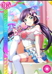 Rule 34 | 1girl, aqua skirt, artist name, artist request, bare shoulders, belt, blush, bow, breasts, collarbone, collared shirt, dress, female focus, gloves, green eyes, hair bobbles, hair bow, hair ornament, high heels, highres, long hair, looking at viewer, love live!, love live! school idol festival, love live! school idol project, medium breasts, off-shoulder dress, off shoulder, parted lips, pink footwear, pink high heels, polka dot, polka dot skirt, purple hair, shirt, sitting, skirt, smile, solo, tojo nozomi, twintails, white belt, white gloves, white legwear, white shirt