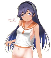Rule 34 | 1girl, ame-san, black hairband, blue hair, bottomless, breasts, commentary request, dated, gradient hair, hairband, highres, i-400 (kancolle), kantai collection, long hair, looking at viewer, multicolored hair, navel, orange sailor collar, purple eyes, purple hair, sailor collar, sailor shirt, shirt, side-tie shirt, sideboob, sleeveless, sleeveless shirt, solo, twitter username, two-tone hair, white shirt