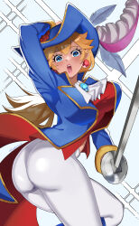 Rule 34 | 1girl, absurdres, ass, blonde hair, blue eyes, blue hat, blush, breasts, cero (cerocero), coat, earrings, from behind, gloves, hat, highres, jewelry, large breasts, long hair, looking at viewer, mario (series), nintendo, open mouth, pants, ponytail, princess peach, princess peach: showtime!, rapier, sideboob, solo, sword, swordfighter peach, tight clothes, tight pants, weapon