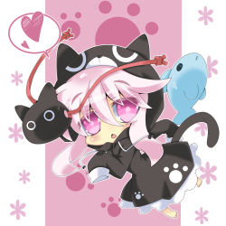 Rule 34 | 1girl, alternate costume, animal hood, black dress, bow, cat hood, cat mask, cat tail, chestnut mouth, dress, expressionless, hata no kokoro, heart, highres, hood, long hair, long sleeves, looking at viewer, mask, milkpanda, mouth mask, nightgown, open mouth, oversized clothes, pajamas, paw print, pink eyes, pink hair, solo, spoken heart, stuffed animal, stuffed fish, stuffed toy, tail, touhou, very long hair