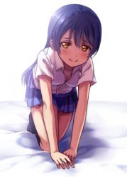 Rule 34 | 10s, 1girl, all fours, bed sheet, black socks, blue hair, blush, breasts, cleavage, collared shirt, commentary request, kneehighs, long hair, looking at viewer, love live!, love live! school idol project, no shoes, school uniform, shirt, short sleeves, skirt, small breasts, smile, socks, solo, sonoda umi, usamaru67pi, white shirt, yellow eyes