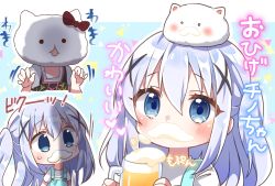 Rule 34 | 1girl, absurdres, angora rabbit, animal, animal on head, apple juice, beer mug, black dress, blue background, blue dress, blue eyes, blue hair, blush, chibi, commentary request, cropped torso, cup, dirndl, dress, foam mustache, german clothes, gochuumon wa usagi desu ka?, hair between eyes, hair ornament, hands up, highres, holding, holding cup, jako (jakoo21), juice, kafuu chino, long hair, looking at viewer, mug, multiple views, on head, rabbit, shirt, short sleeves, sleeveless, sleeveless dress, tippy (gochiusa), translation request, two-tone background, two side up, upper body, very long hair, white background, white shirt, x hair ornament