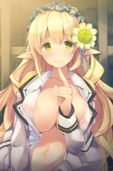 Rule 34 | blonde hair, book, bookshelf, brave girl ravens, breasts, commentary, elf, flower, green eyes, hair flower, hair ornament, index finger raised, large breasts, library, open clothes, open shirt, pointy ears, school uniform, shimakaze (soundz of bell), shirt, smile, solo, stephany ferel, sweatdrop, tareme