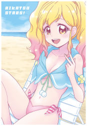1girl, :d, aikatsu! (series), aikatsu stars!, bare arms, bare legs, bare shoulders, beach, bikini, blue capelet, bow, breasts, capelet, chair, cleavage, collarbone, collared capelet, commentary, copyright name, cowboy shot, folding chair, gradient hair, hair bow, knee up, long hair, looking at viewer, medium breasts, midriff, mizuki maya, multicolored hair, navel, nijino yume, ocean, on chair, open mouth, orange eyes, pink bikini, pink hair, pom pom (clothes), round teeth, sand, shore, side-tie bikini, sidelocks, sitting, smile, solo, stomach, string bikini, striped capelet, swimsuit, swimwear, teeth, thighs, twintails, upper teeth, v, white stripes