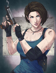 Rule 34 | 1girl, 2023, blue eyes, brown hair, collarbone, commission, fingerless gloves, gloves, gun, handgun, highres, holding, holding weapon, holster, injury, jewelry, jhony caballero, jill valentine, necklace, resident evil, resident evil 3, resident evil 3: nemesis, resident evil 3 (remake), smoke, smoking barrel, solo, tank top, trigger discipline, weapon