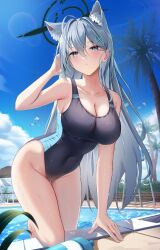 Rule 34 | 1girl, absurdres, adjusting hair, ahoge, animal ear fluff, animal ears, arm support, black one-piece swimsuit, blue archive, blue eyes, blue sky, blush, breasts, cleavage, collarbone, competition swimsuit, cross hair ornament, extra ears, grey hair, groin, hair ornament, halo, highres, large breasts, li se, long hair, looking at viewer, one-piece swimsuit, outdoors, parted lips, pool, shiroko (blue archive), shiroko terror (blue archive), sky, solo, swimsuit, wolf ears