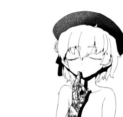 Rule 34 | 1girl, bare shoulders, beret, buddhism, closed eyes, closed mouth, collarbone, completely nude, dot mouth, dot nose, expressionless, flower, greyscale, hair ribbon, hand gesture, hat, hat flower, hatoba tsugu, kikai (akita morgue), mole, mole under eye, monochrome, mudra, nude, patterned skin, portrait, ribbon, shadow, short hair, simple background, solo, tsugu (vtuber), virtual youtuber, vitarka mudra
