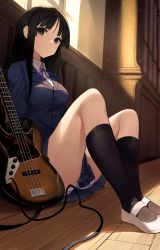 Rule 34 | 1girl, akiyama mio, ass, bass guitar, black hair, black jacket, black socks, blue neckwear, blue skirt, blunt bangs, breasts, buttons, cabinet, cable, collared shirt, commentary request, expressionless, fender jazz bass, grey eyes, guitar, highres, indoors, instrument, jacket, k-on!, light particles, light rays, long hair, looking at viewer, medium breasts, panties, pantyshot, pleated skirt, shirt, shoes, sidelocks, sitting, skirt, socks, solo, star741, striped clothes, striped panties, sunbeam, sunlight, thighs, underwear, uwabaki, wall, white footwear, white shirt, window, wooden floor