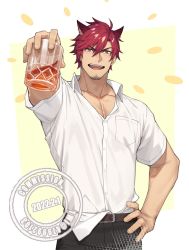 Rule 34 | 00047, 1boy, alcohol, animal ears, artist name, bara, belt, cat ears, commission, facial hair, highres, male focus, muscular, muscular male, original, pants, pectoral cleavage, pectorals, red eyes, red hair, shirt, smile