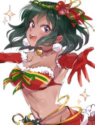 Rule 34 | 1girl, :d, bell, breasts, choker, christmas, cleavage, collarbone, dark-skinned female, dark green hair, dark skin, earrings, elbow gloves, flower, fur-trimmed gloves, fur trim, gloves, green hair, hibiscus, idolmaster, idolmaster cinderella girls, jewelry, kakitsubata zero, looking at viewer, medium breasts, natalia (idolmaster), navel, neck bell, open mouth, outstretched arms, pom pom (clothes), pom pom earrings, purple eyes, red choker, red flower, red gloves, short hair, simple background, smile, solo, sparkle, teeth, white background