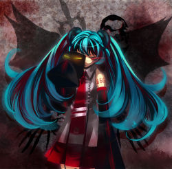 Rule 34 | 1girl, aqua hair, detached sleeves, female focus, glowing, glowing eyes, hatsune miku, lento (water), mask, necktie, red eyes, solo, twintails, vocaloid
