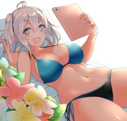 Rule 34 | :d, ahoge, bad id, bad twitter id, beach chair, bikini, black bikini, blue bikini, breasts, fang, flower, hair between eyes, halterneck, highres, holding, huge breasts, looking at viewer, lying, mismatched bikini, navel, on back, open mouth, original, reclining, red flower, side-tie bikini bottom, simple background, smile, solo, star-shaped pupils, star (symbol), suruga (xsurugax), swimsuit, symbol-shaped pupils, tablet pc, twintails, white background, white hair, yellow flower