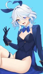 Rule 34 | 1girl, absurdres, ahoge, alternate costume, animal ears, black gloves, blue background, blue bow, blue bowtie, blue eyes, blue hair, blue jacket, blue leotard, bow, bowtie, breasts, commentary, crossed legs, detached collar, drop-shaped pupils, fake animal ears, furina (genshin impact), genshin impact, gloves, hair between eyes, highres, jacket, kuen (kuennn12), leotard, long sleeves, looking at viewer, medium hair, multicolored hair, open mouth, playboy bunny, rabbit ears, simple background, skindentation, small breasts, smile, solo, strapless, strapless leotard, streaked hair, symbol-shaped pupils, thigh strap, two-tone hair, white hair