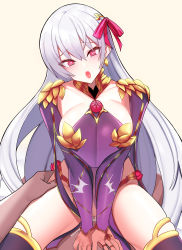 Rule 34 | 1boy, 1girl, absurdres, armlet, armor, bikini armor, blush, bracelet, breasts, clothed female nude male, clothed sex, collar, cowgirl position, detached sleeves, dress, earrings, fate/grand order, fate (series), girl on top, hair ribbon, heart, heart-shaped pupils, hetero, highres, jewelry, kama (fate), kama (second ascension) (fate), large breasts, long hair, looking at viewer, metal collar, nude, open mouth, pelvic curtain, purple dress, purple sleeves, purple thighhighs, pussy, red eyes, ribbon, ring, rur4885, sex, sideboob, silver hair, spread legs, straddling, symbol-shaped pupils, thighhighs, thighlet, thighs, vaginal
