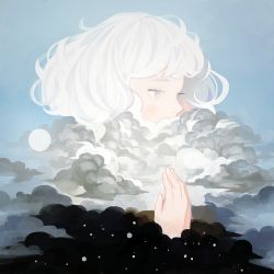 Rule 34 | 1girl, blue background, cloud, covered mouth, grey eyes, original, profile, short hair, simple background, sky, solo focus, tofuvi, white hair