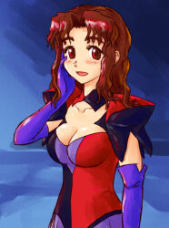 Rule 34 | 1girl, :d, blue background, breasts, brown hair, cleavage, collarbone, commentary, elbow gloves, excel saga, eyelashes, gloves, hair intakes, hand on own face, hand up, highres, hyatt, long hair, looking at viewer, medium breasts, open mouth, red eyes, red pupils, smile, solo, wavy hair, zawabug