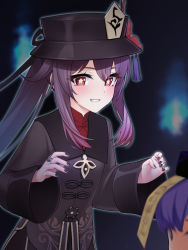 Rule 34 | 2girls, black coat, black headwear, blush, breasts, brown hair, coat, flower, genshin impact, grin, hat, hat flower, highres, hu tao (genshin impact), kanzaki muyu, long hair, long sleeves, looking at viewer, multiple girls, plum blossoms, qiqi (genshin impact), red eyes, small breasts, smile, symbol-shaped pupils, twintails, very long hair