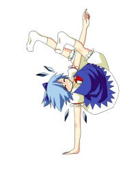 Rule 34 | 1girl, bloomers, blue hair, cirno, dress, handstand, ice, ice wings, kuze, one arm handstand, smile, socks, solo, touhou, underwear, upside-down, wings
