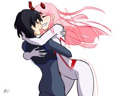 Rule 34 | 10s, 1boy, 1girl, asymmetrical horns, black bodysuit, black hair, blue eyes, blush, bodysuit, couple, darling in the franxx, closed eyes, face-to-face, facing another, forehead-to-forehead, fringe trim, gloves, green eyes, heads together, hetero, highres, hiro (darling in the franxx), horns, hug, long hair, myly14, oni horns, pilot suit, pink hair, red horns, short hair, signature, straight hair, tears, white bodysuit, white gloves, zero two (darling in the franxx)