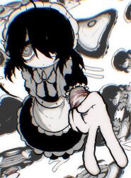 Rule 34 | 1girl, @ @, apron, asymmetrical bangs, black dress, black hair, bow, chromatic aberration, closed mouth, cuts, distortion, dress, drugs neko, frilled apron, frills, from above, glitch, grey eyes, hair over one eye, highres, injury, looking at viewer, looking up, maid, maid apron, maid headdress, original, patterned background, puffy short sleeves, puffy sleeves, recurring image, ribbon, self-harm, self harm, short sleeves, short twintails, solo, sweat, swept bangs, twintails, v, waist apron, white apron, white bow