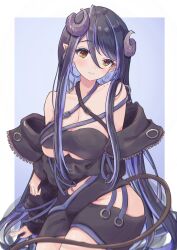 Rule 34 | 1girl, absurdres, bandeau, black bandeau, black hair, black jacket, blue hair, blush, breasts, brown eyes, cleavage, closed mouth, commentary request, cowboy shot, curled horns, demon girl, demon horns, demon tail, grey horns, hair between eyes, hebiyoi tier, hebiyoi tier (1st costume), highres, horns, jacket, large breasts, long hair, long sleeves, looking at viewer, multicolored hair, nanashi inc., off shoulder, pointy ears, shishishi, snake bite, solo, sugar lyric, tail, two-tone hair, underboob, virtual youtuber