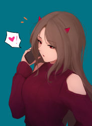 Rule 34 | !, 1girl, bare shoulders, blue background, breasts, brown hair, cellphone, clothing cutout, demon horns, hand up, heart, highres, holding, holding phone, horns, long hair, long sleeves, medium breasts, original, parted bangs, parted lips, phone, red eyes, red sweater, ribbed sweater, shimmer, shoulder cutout, simple background, solo, spoken exclamation mark, spoken heart, sweater, talking on phone, turtleneck, turtleneck sweater, upper body, very long hair