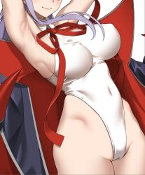 Rule 34 | 1girl, arms behind head, bb (fate), bb (fate) (all), bb (swimsuit mooncancer) (fate), bb (swimsuit mooncancer) (third ascension) (fate), black coat, coat, covered navel, cowboy shot, fate/grand order, fate (series), head out of frame, high heels, highleg, highleg leotard, highres, leotard, popped collar, red ribbon, ribbon, saruchitan, simple background, solo, unfinished, white background, white leotard