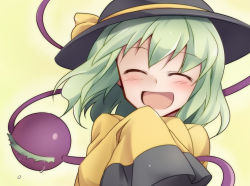 Rule 34 | 1girl, :d, ^ ^, blush, crying, dairi, closed eyes, green hair, happy, hat, heart, komeiji koishi, laughing, long sleeves, open mouth, short hair, simple background, sleeves past wrists, smile, solo, tears, third eye, touhou, yellow background