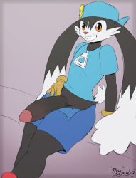 Rule 34 | 1boy, animal ears, arm support, backwards hat, brown eyes, cat ears, cat tail, erection, furry, gloves, hat, highres, huge penis, kaze no klonoa, klonoa, long ears, looking at viewer, male focus, miso souperstar, penis, penis out, presenting, purple background, shirt, shorts, simple background, sitting, smile, tail, thick thighs, thighs, uncensored, wide hips, zipper
