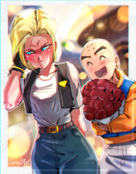 Rule 34 | 1boy, 1girl, absurdres, android 18, angry, arm behind back, artist name, bald, belt, black gloves, black vest, blonde hair, blue eyes, blurry, blush, bouquet, bracelet, chromatic aberration, closed eyes, closed mouth, commentary, couple, denim, dragon ball, dragonball z, embarrassed, english commentary, facial mark, flower, forehead mark, gloves, half-closed eyes, hand up, happy, hetero, highres, holding, holding bouquet, jacket, jeans, jewelry, kuririn, looking away, open mouth, pants, red flower, red rose, rose, sarulart, shirt tucked in, short hair, short sleeves, shy, smile, vest