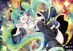 Rule 34 | 1girl, ahoge, dated, detached sleeves, fang, glitter, green eyes, green hair, hatsune miku, highres, long hair, matching hair/eyes, mosho, musical note, necktie, signature, skirt, smile, solo, thighhighs, traditional media, twintails, very long hair, vocaloid