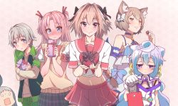 Rule 34 | 6+boys, :&gt;, :3, animal ear fluff, animal ears, arikawa hime, armband, arms up, astolfo (fate), bag, bare shoulders, blend s, blue choker, blue eyes, blue hair, blue skirt, blush, box, braid, braided ponytail, brooch, cat ears, chocolate, choker, collarbone, cowboy shot, crossed arms, crossover, dress, elbow gloves, embarrassed, fang, fang out, fate/grand order, fate (series), felix argyle, food, gift, gift bag, gift box, gloves, green pants, hacka doll, hacka doll 3, hair between eyes, hair ribbon, heart-shaped box, highres, himegoto, holding, holding bag, holding box, holding chocolate, holding food, jacket, jewelry, kanzaki hideri, kukie-nyan, leaning forward, light brown hair, long hair, long sleeves, looking at another, looking at viewer, male focus, midriff, multiple boys, multiple crossover, o o, hugging object, open mouth, orange eyes, pants, pantyhose, parted bangs, pink background, pink eyes, pink hair, plaid, plaid skirt, pleated skirt, purple eyes, re:zero kara hajimeru isekai seikatsu, red sailor collar, red skirt, ribbon, sailor collar, school uniform, serafuku, shirt, short hair, short sleeves, silver hair, single braid, skirt, sleeveless, sleeveless dress, smile, sweater vest, totsuka saika, track jacket, trait connection, trap, twintails, upper body, valentine, white gloves, white shirt, yahari ore no seishun lovecome wa machigatteiru.