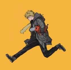 Rule 34 | 1boy, blonde hair, blood, blood on face, carrying, carrying under arm, chainsaw, chainsaw man, denji (chainsaw man), eyepatch, grey hoodie, highres, hood, hoodie, jumping, looking to the side, midair, open mouth, pochita (chainsaw man), shinamoku00, short hair, simple background, yellow background