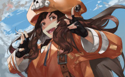 Rule 34 | 1girl, anchor symbol, belt, black gloves, blazpu, brown eyes, brown hair, cloud, cloudy sky, commentary, day, english commentary, fingerless gloves, gloves, guilty gear, guilty gear strive, hat, highres, hood, hoodie, long hair, long sleeves, looking at viewer, may (guilty gear), open mouth, orange hat, orange hoodie, pirate hat, skull and crossbones, sky, solo