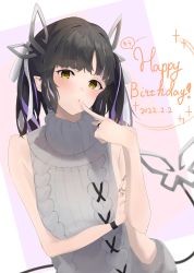 Rule 34 | 1girl, aran sweater, backless dress, backless outfit, black hair, blush, breasts, cable knit, dated, demon girl, demon horns, demon tail, dress, finger to mouth, grey sweater, happy birthday, highres, horns, jewelry, kojo anna, kojo anna (3rd costume), long hair, looking at viewer, medium breasts, meme attire, multicolored hair, nanashi inc., official alternate costume, oh1ya, open mouth, pointy ears, purple hair, ribbed sweater, ring, solo, sugar lyric, sweater, sweater dress, tail, turtleneck, turtleneck sweater, two-tone hair, upper body, virgin killer sweater, virtual youtuber, yellow eyes
