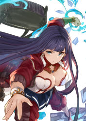 Rule 34 | 1girl, :o, bag, blue eyes, blunt bangs, breasts, center opening, cleavage, clenched hand, earrings, fate/grand order, fate (series), fighting stance, hime cut, jacket, jewelry, large breasts, looking at viewer, martha (fate), pants, pants under skirt, pleated skirt, puffy pants, purple hair, red jacket, simple background, skirt, solo, straight hair, water, white background, yatsuka (846)
