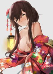 Rule 34 | 1girl, akagi (kancolle), alternate hairstyle, bare shoulders, blurry, blurry background, blush, breasts, brown eyes, brown hair, floral print, grey background, hair between eyes, hair censor, hair ornament, highres, japanese clothes, kantai collection, lantern, large breasts, long hair, miyasaka miyabi, open mouth, simple background, solo, sweat