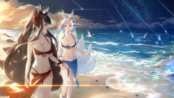 Rule 34 | 2girls, akagi (azur lane), animal, animal ears, ankleband, arms at sides, azur lane, bad id, bad pixiv id, bare arms, bare shoulders, beach, bikini, bikini skirt, bird, blue bikini, blue eyes, blue nails, blue skirt, blunt bangs, blush, breasts, cleavage, closed mouth, cloud, cloudy sky, collarbone, commentary request, cowboy shot, fingernails, flower, flying, fox ears, fox girl, fox mask, fox tail, front-tie bikini top, front-tie top, gluteal fold, groin, hair flower, hair ornament, halterneck, highleg, highleg bikini, highleg swimsuit, highres, kaga (azur lane), large breasts, lens flare, long fingernails, long hair, looking at another, mask, mask on head, maya g, midriff, multiple girls, nail polish, navel, night, night sky, ocean, outdoors, parted lips, ponytail, reaching, reaching towards viewer, red bikini, red flower, red nails, red skirt, sarong, scrunchie, seagull, shooting star, short hair, sidelocks, sideways mouth, silver hair, skirt, sky, smile, spider lily, star (sky), starry sky, stomach, stone, swimsuit, tail, thigh gap, very long hair, walking, water, waves, wrist scrunchie