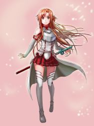 Rule 34 | 10s, 1girl, absurdres, armor, asuna (sao), bad id, bad pixiv id, breastplate, breasts, brown eyes, brown hair, cape, detached sleeves, highres, long hair, long legs, looking at viewer, pungbaeg, smile, solo, sword, sword art online, thighs, weapon, white armor