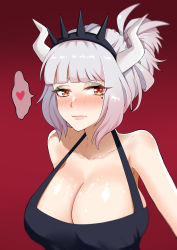Rule 34 | 1girl, absurdres, apron, bare arms, bare shoulders, black apron, blush, breasts, cleavage, collarbone, commentary request, cum, cum in mouth, cum on body, cum on breasts, cum on upper body, demon girl, demon horns, gradient background, hair ornament, heart, helltaker, highres, horns, huge breasts, kent zai maiami, long hair, looking at viewer, lucifer (helltaker), mole, mole under eye, naked apron, red background, red eyes, red shirt, shirt, silver hair, simple background, solo, spoken heart, white horns