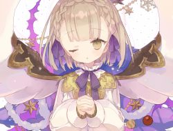 Rule 34 | 1girl, blonde hair, blunt bangs, blush, braid, briar rose (sinoalice), christmas, hair ribbon, long sleeves, looking at viewer, mizumizu (phoenix), one eye closed, open mouth, ornament, parted lips, plant, puffy long sleeves, puffy sleeves, ribbon, short hair, sinoalice, solo, star (symbol), thorns, vines