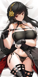 Rule 34 | 1girl, black dress, black gloves, black hair, black panties, black thighhighs, breasts, cleavage, clothes lift, commission, dakimakura (medium), dress, dress lift, fingerless gloves, flower, gloves, gold hairband, groin, hair flower, hair ornament, hairband, highres, large breasts, lifting own clothes, long hair, lying, navel, on back, panties, parted lips, pulling own clothes, red eyes, rose, sidelocks, solo, spy x family, strap pull, thighhighs, tony guisado, underwear, yor briar