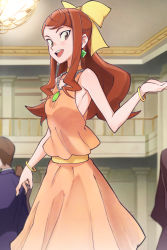 Rule 34 | 1girl, 90millimetri, ahoge, bare arms, bare shoulders, belt, blush, bow, bracelet, breasts, brown eyes, brown hair, chandelier, choker, collarbone, dress, earrings, formal, hair bow, hannah england, highres, indoors, jewelry, little witch academia, long hair, looking at viewer, necklace, open mouth, orange dress, sidelocks, sleeveless, sleeveless dress, small breasts, smile, solo focus, yellow belt, yellow bow