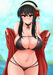 Rule 34 | 1girl, absurdres, bare shoulders, bikini, black bikini, black hair, blurry, blurry background, blush, breasts, choker, cleavage, closed mouth, cloud, collarbone, commentary, cowboy shot, day, english commentary, hair between eyes, hairband, highres, large breasts, looking at viewer, navel, ocean, open clothes, outdoors, raised eyebrows, red eyes, short hair with long locks, skindentation, sleeves past fingers, sleeves past wrists, smile, solo, spy x family, swimsuit, the only shoe, water, wide hips, yor briar