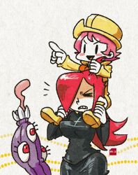Rule 34 | 2girls, blush stickers, boots, carrying, chibi, closed eyes, cross, cross necklace, hair over one eye, hat, hungern (skullgirls), jewelry, long hair, minawa108, multiple girls, necklace, open mouth, parasoul (skullgirls), piggyback, pink hair, pointing, raincoat, red hair, short hair, shoulder carry, siblings, sisters, skullgirls, smile, sweater, turtleneck, turtleneck sweater