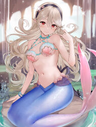 Rule 34 | 1girl, bare arms, bare shoulders, black hairband, bracelet, breasts, closed mouth, commentary, corrin (female) (fire emblem), corrin (fire emblem), fire emblem, fire emblem cipher, fire emblem fates, floating hair, grey hair, hair between eyes, hairband, haru (nakajou-28), highres, jewelry, long hair, looking at viewer, medium breasts, mermaid, monster girl, monsterification, navel, nintendo, official alternate costume, pointy ears, red eyes, revision, shell, shell bikini, sitting, solo, starfish, stomach, symbol-only commentary